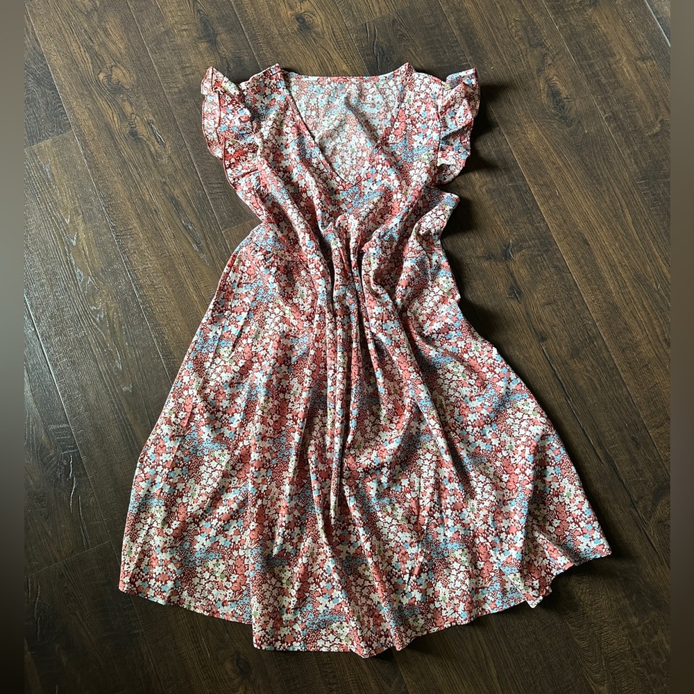 shein ruffled sleeve v neck pink blue floral summer dress women’s small